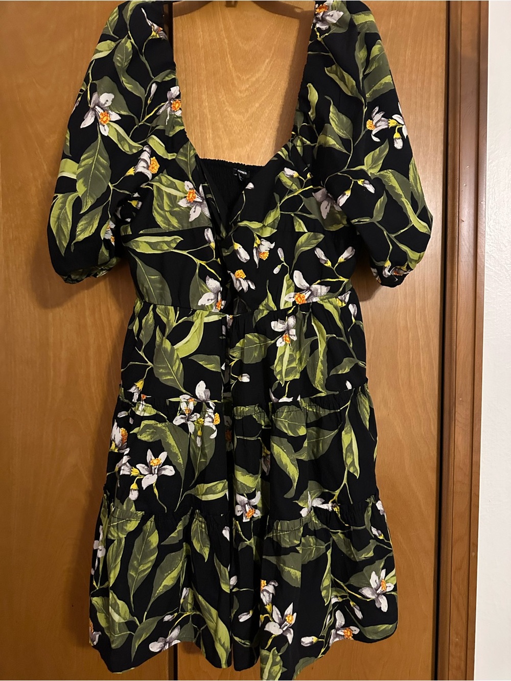 Express Black Floral Midi Dress with Green Leaves